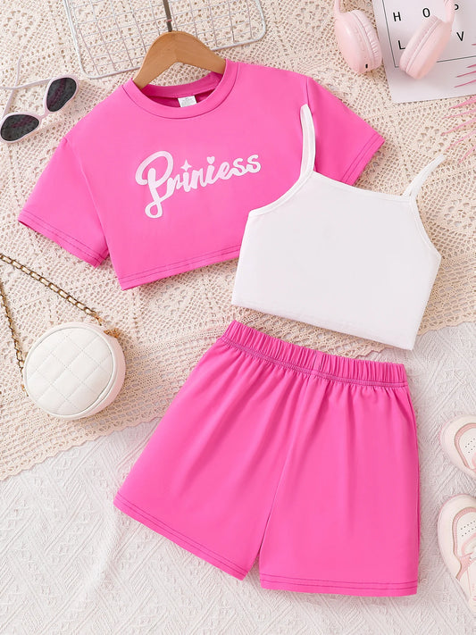 3-Piece Set Letter Print Top and Strappy Shorts