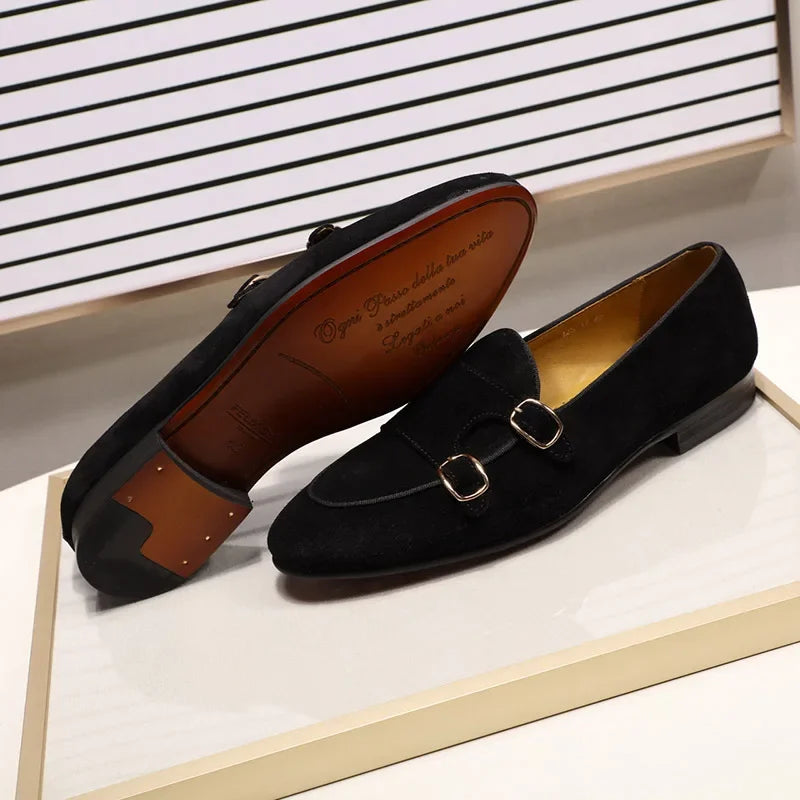 Classic Suede Leather Loafers Slip-On Dress Shoes Monk Strap