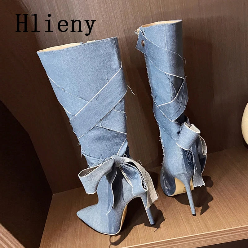 Blue Denim Women Knee High Boots