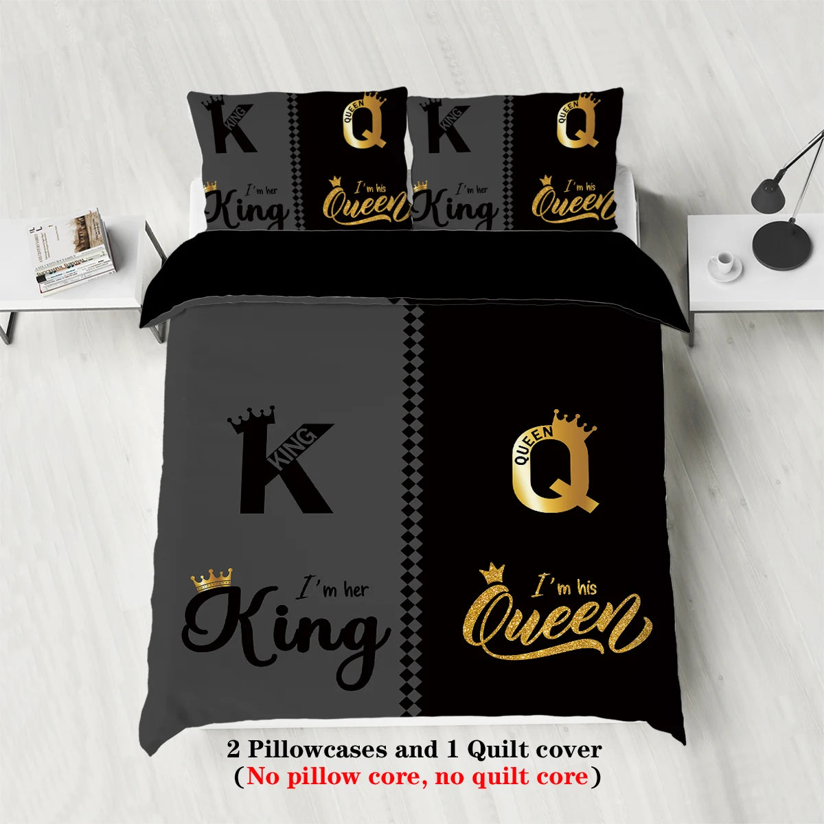 3pcs fashionable black gray K and Q design printed bedding set, soft, comfortable and breathable duvet cover, bedroom, hotel