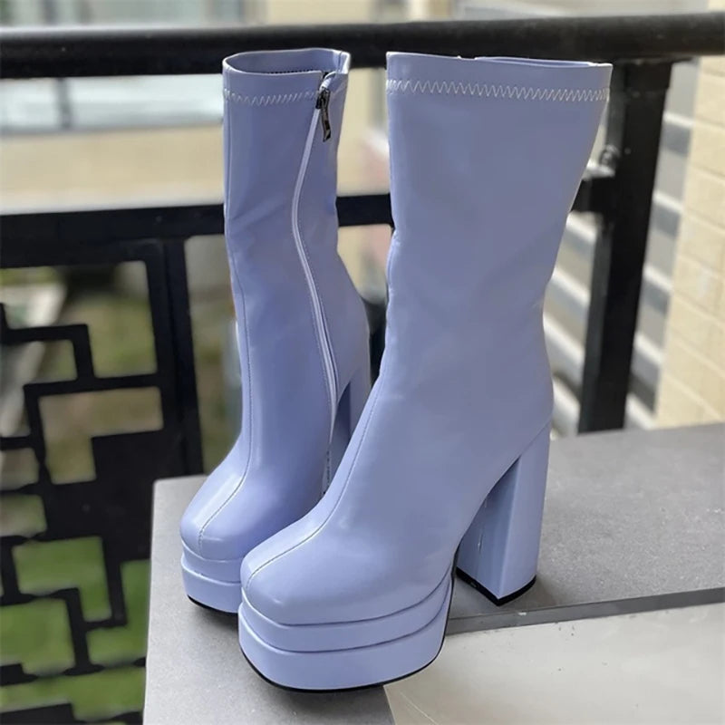 Three-Layer Waterproof Platform Square Toe Soft Mid-Boots