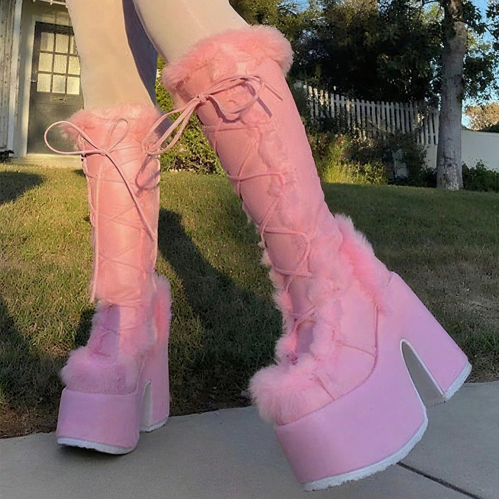 Faux Fur Knee High Goth Platform Boots