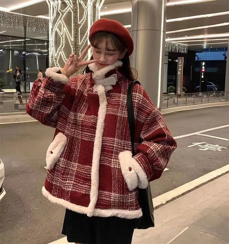 Fashion Plaid and Velvet Padded Little Woolen Coat