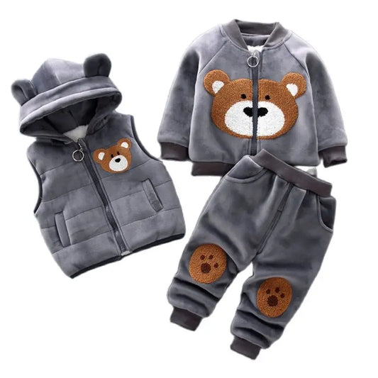 Baby Clothes Sets Thick Fleece Cartoon Bear Jacket Vest Pants 3Pcs