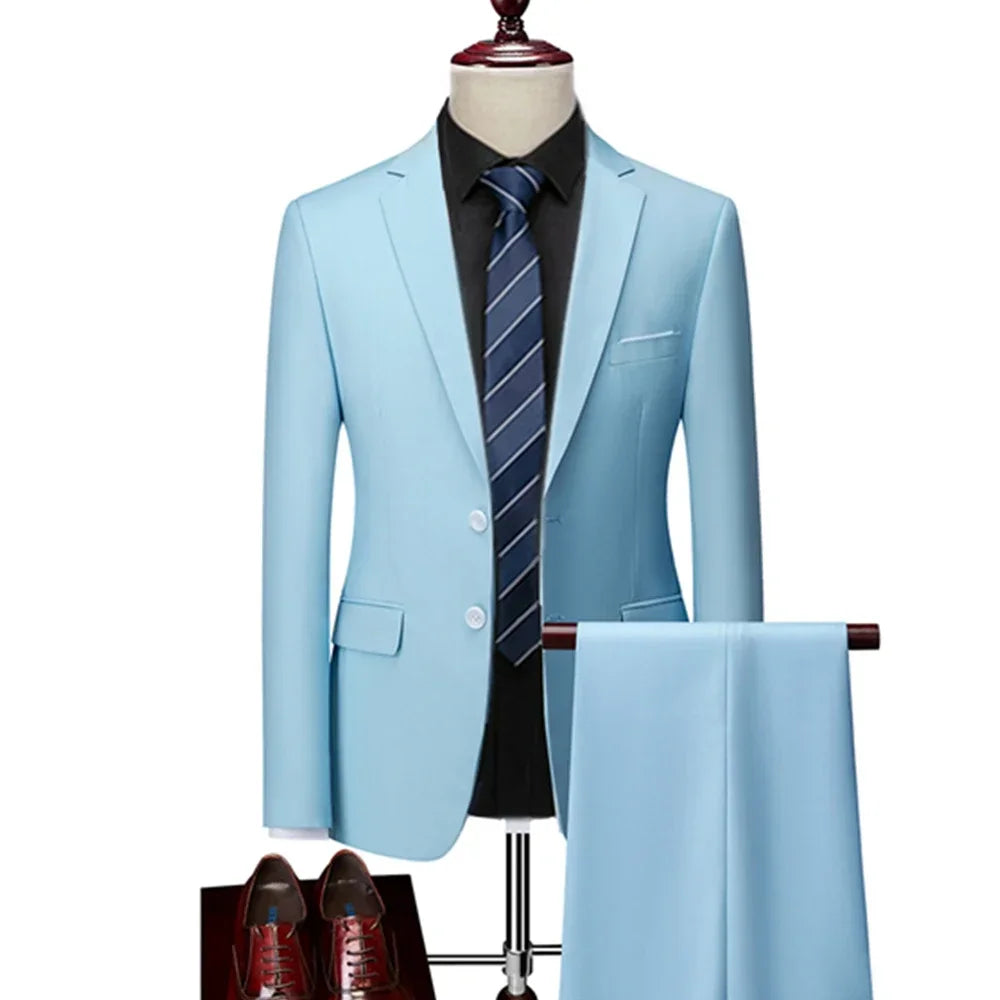 Suit Set Blazers Jacket Pants Men Casual Slim Dress