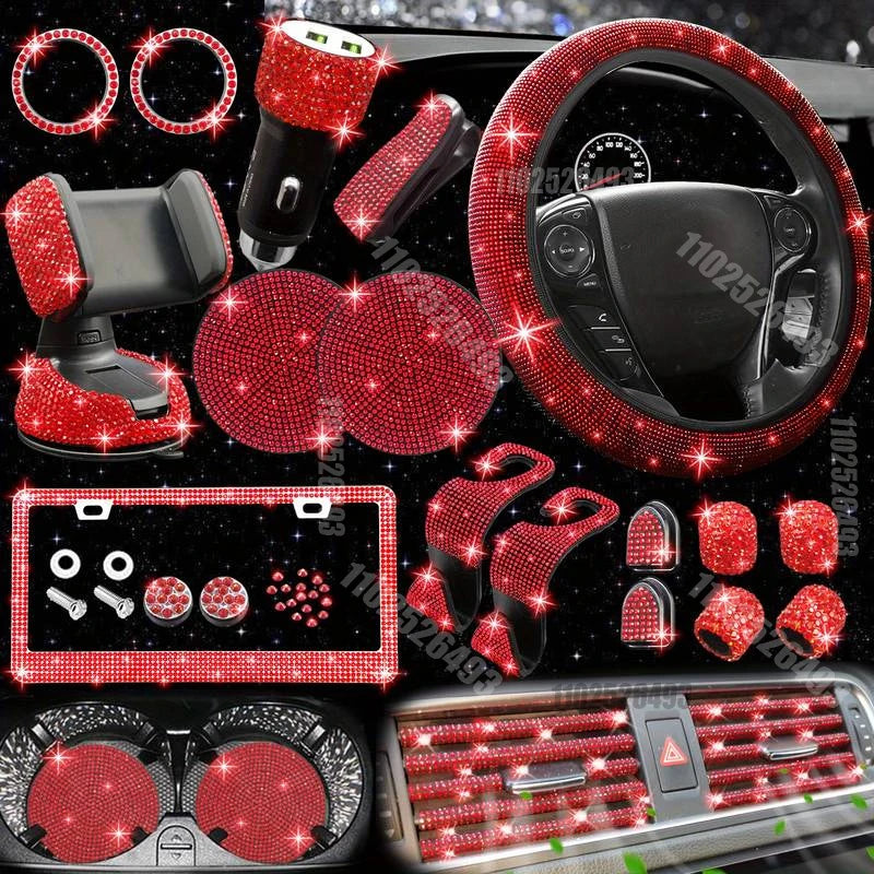 Set 27 Piece Women Bling Universal Fit Steering Cover Shiny License Frame Phone Holder Coasters Tools