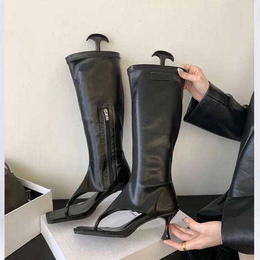 Silver Open Toe Clip-On Knee High Boots