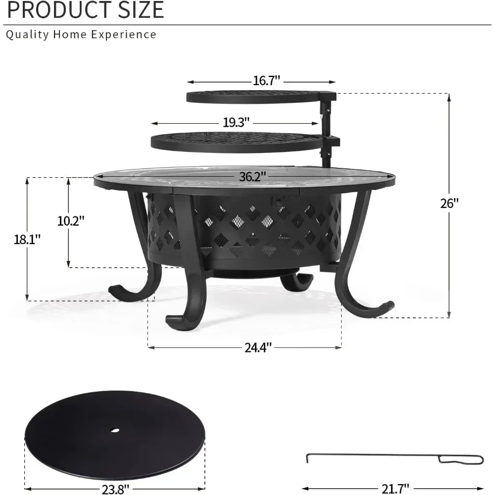 36" Outdoor Wood Burning Fire Pit with 2 Grills