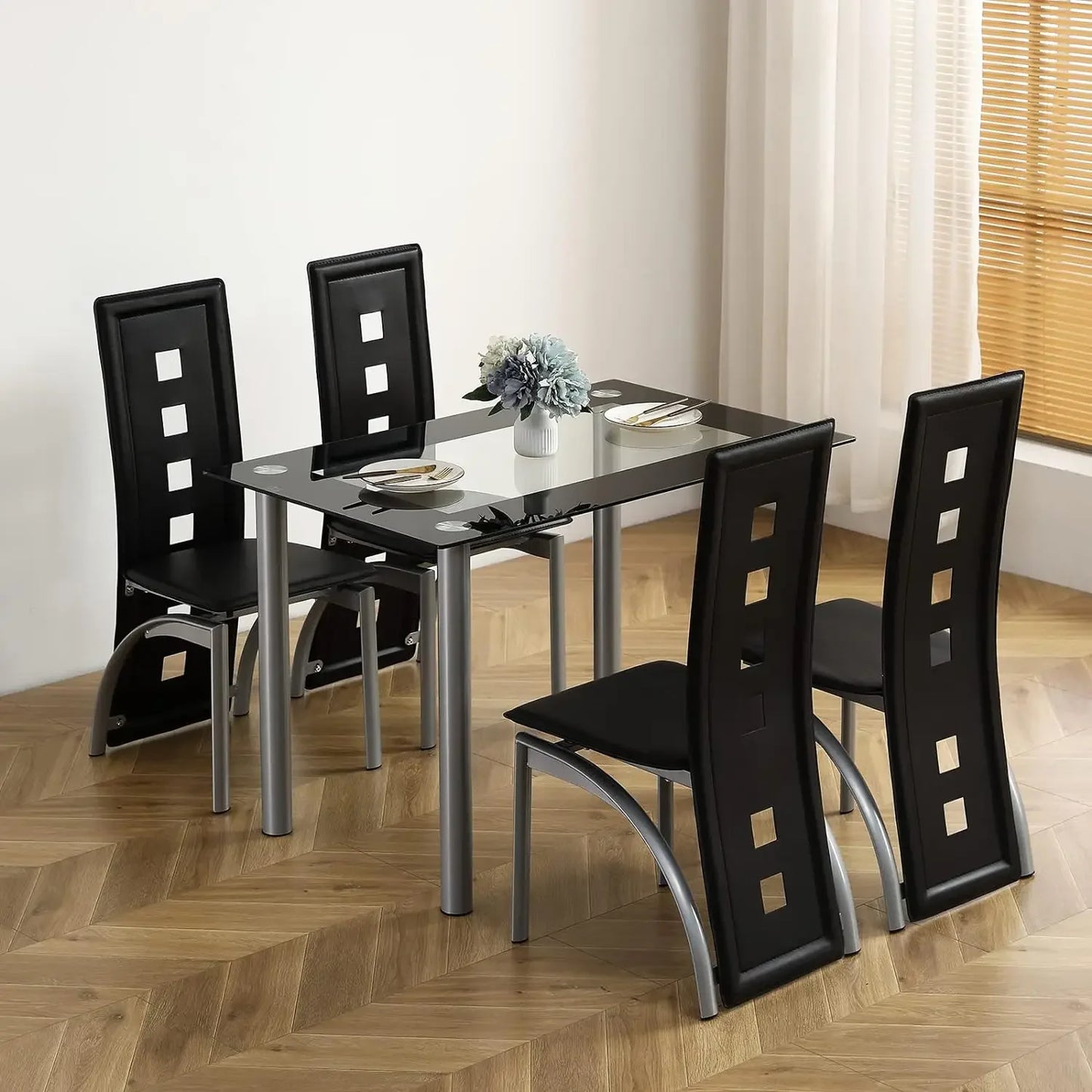 5-Piece Set with Glass Dining Table and 4 PVC Chairs