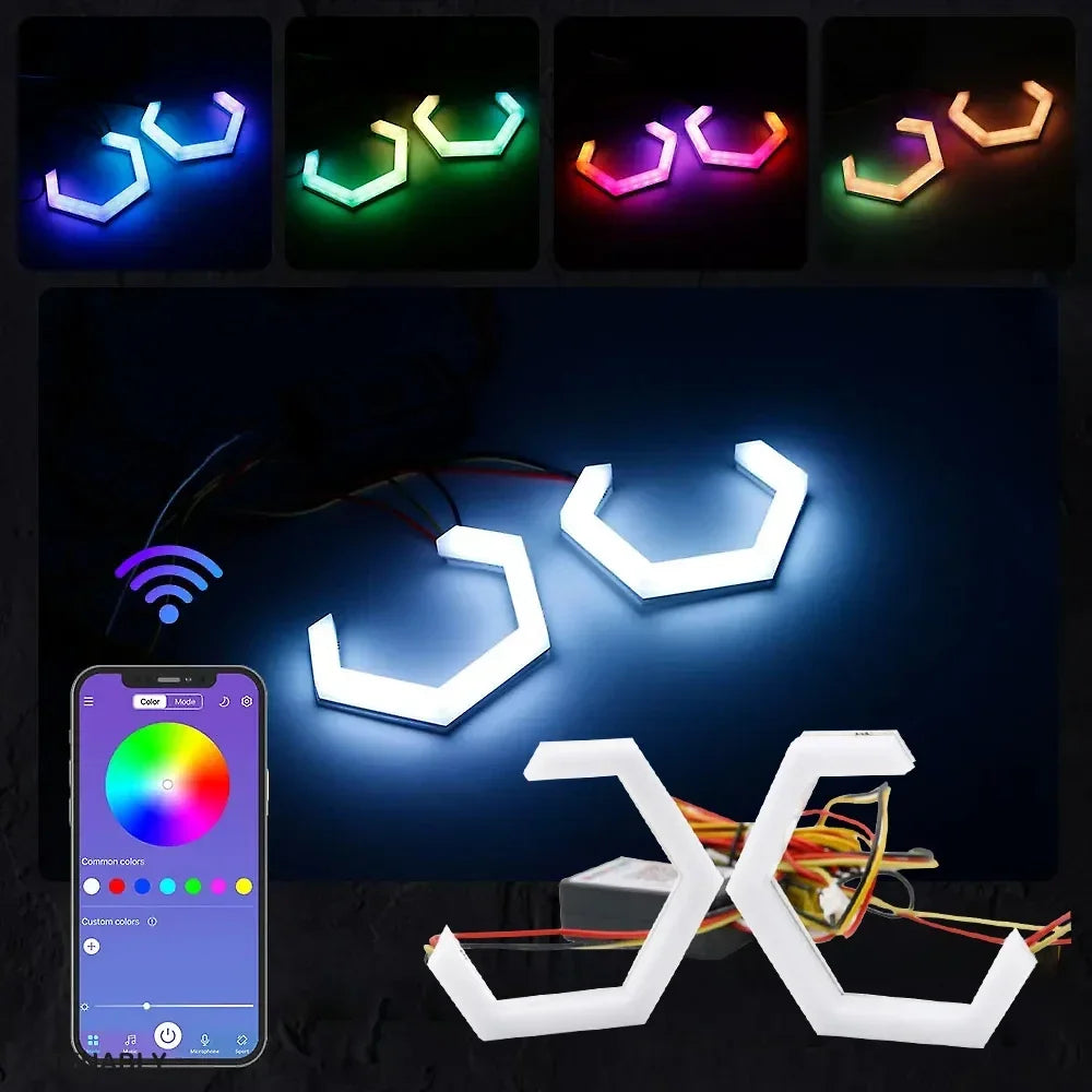 2PCS RGB APP Control Hexagon Angel Eyes Halo Rings Car Motorcycle Turn Signal Light