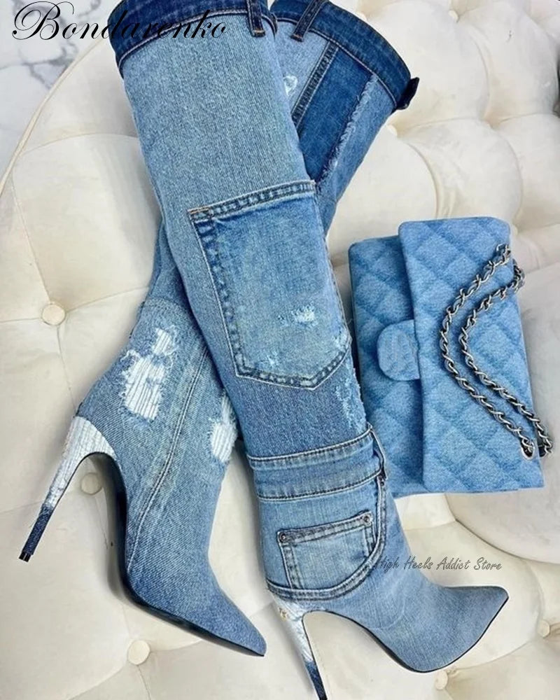 Denim Patchwork Knee Boots Blue Black Pointed Toe Stilettos