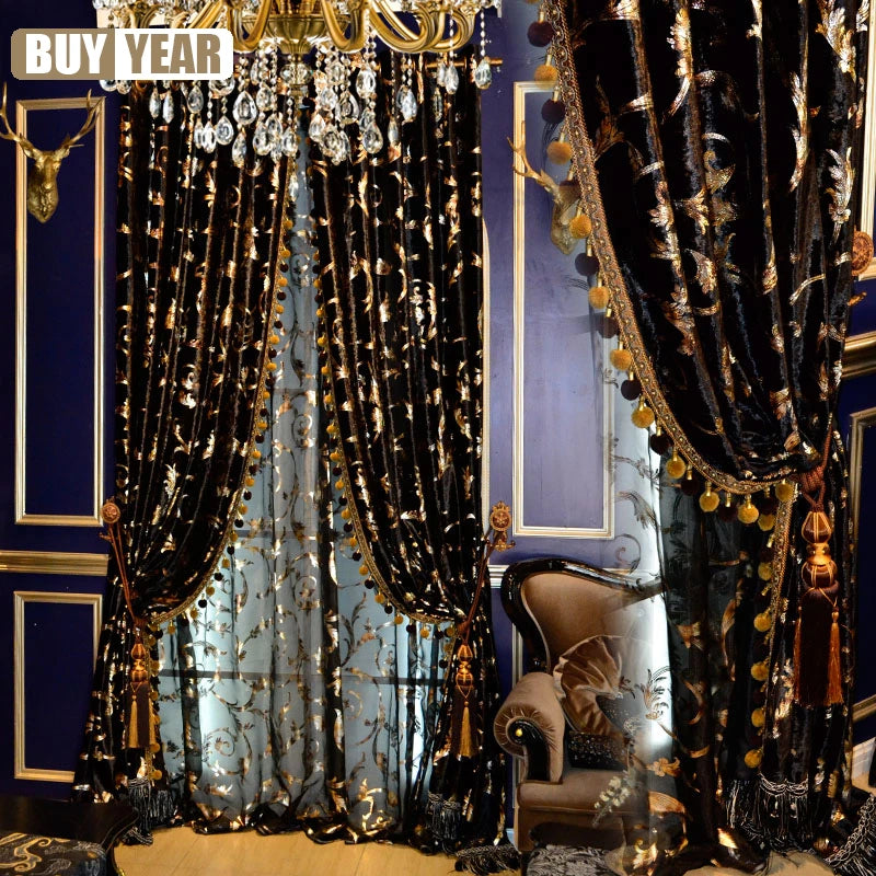 European Luxury Curtains Black Gold Velvet