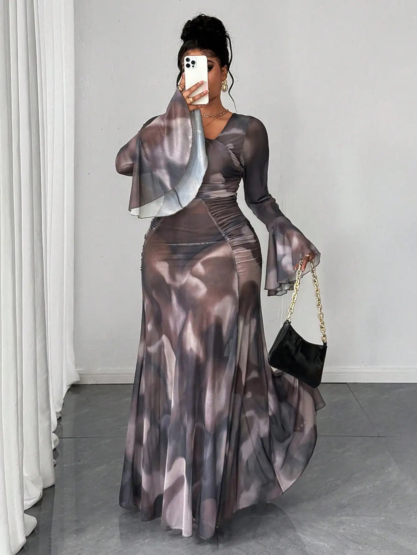 Plus Size Semi-Sheer Long Sleeve Maxi Dress