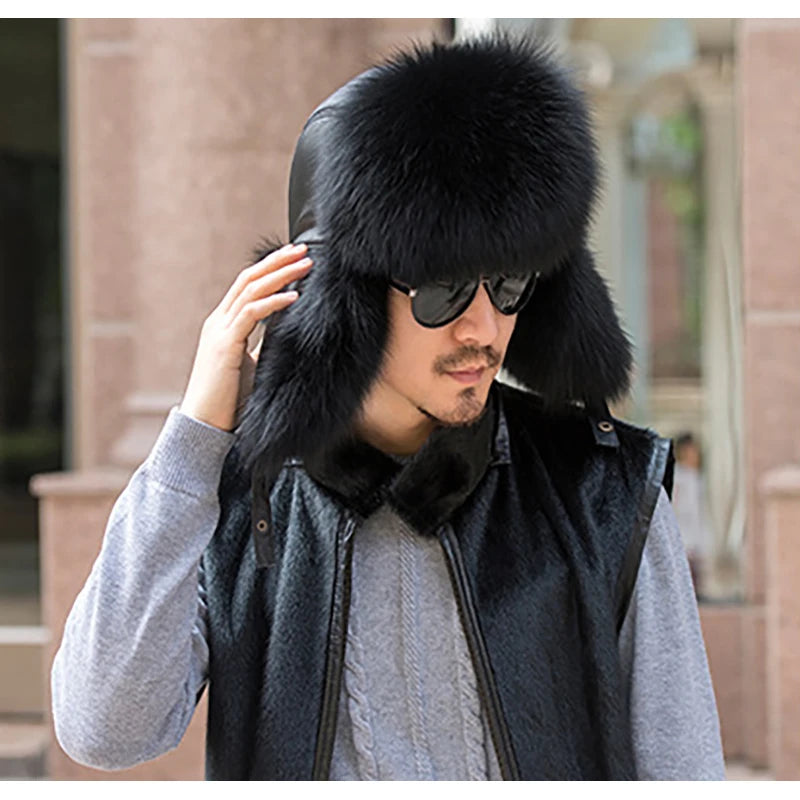 Winter Men's 100% Real Silver Fox Fur Bomber Hat