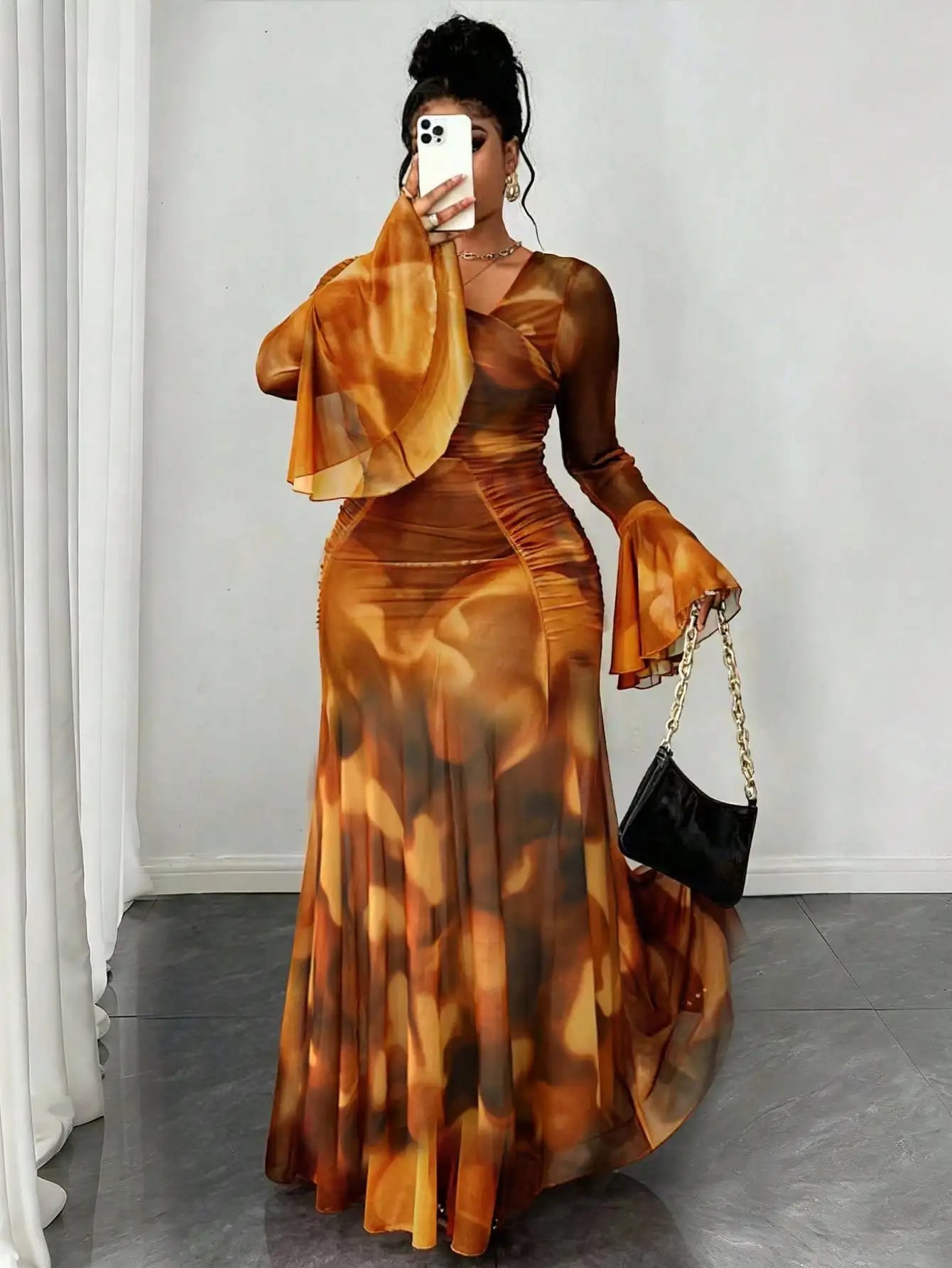 Plus Size Semi-Sheer Long Sleeve Maxi Dress