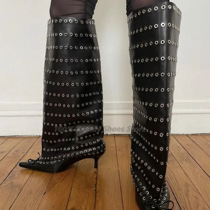 Cowhide Rivet Fashion Boots Big Tube Runway Style
