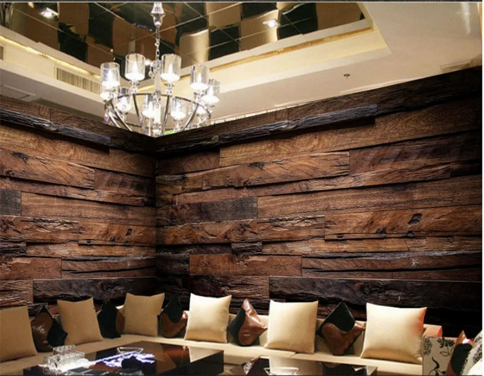 Dark Brown Retro Nostalgic Wood Grain Striped Mural Wallpaper