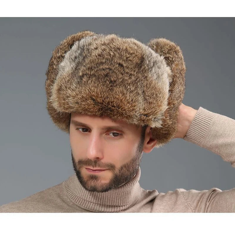Men Real Rabbit Fur Trapper Russian Hat