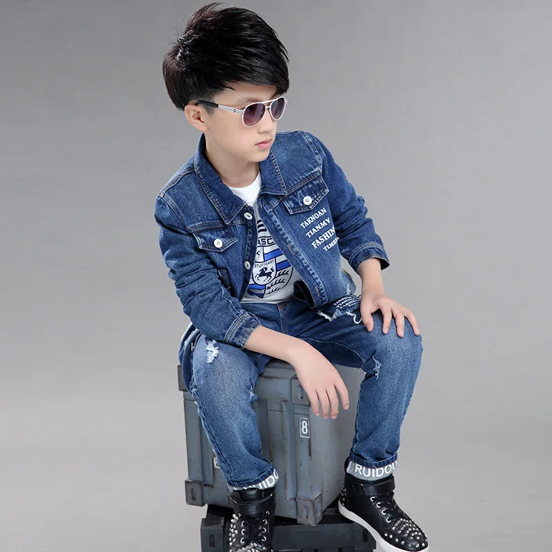 Teenage Boys Denim Clothes Set Jean Coat and Pants