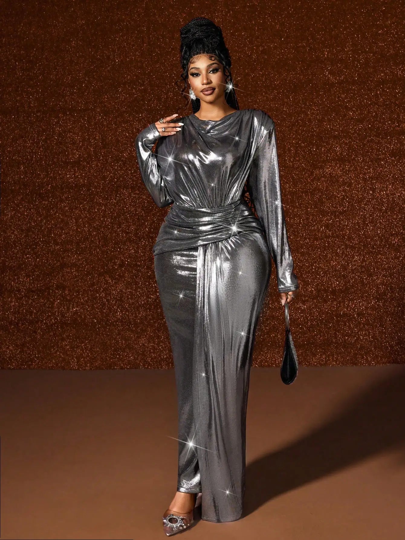 Plus Size Long Sleeve Shiny Metallic Wrap Dress