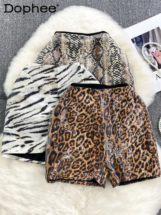 Fashion Sequins Leopard Print Wide Leg Shorts