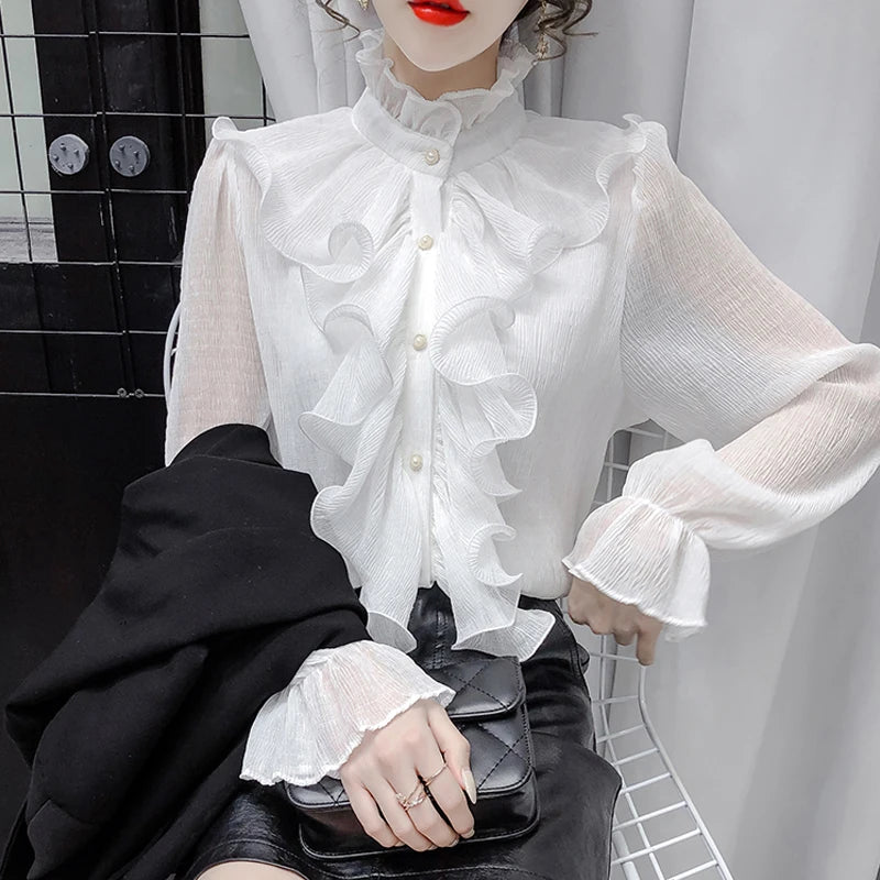 Stand Collar Ruffles Women Shirt