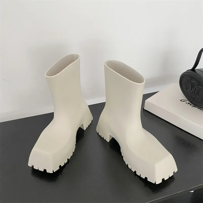 Waterproof Non-slip Short Boot Square Toe Soft Leather