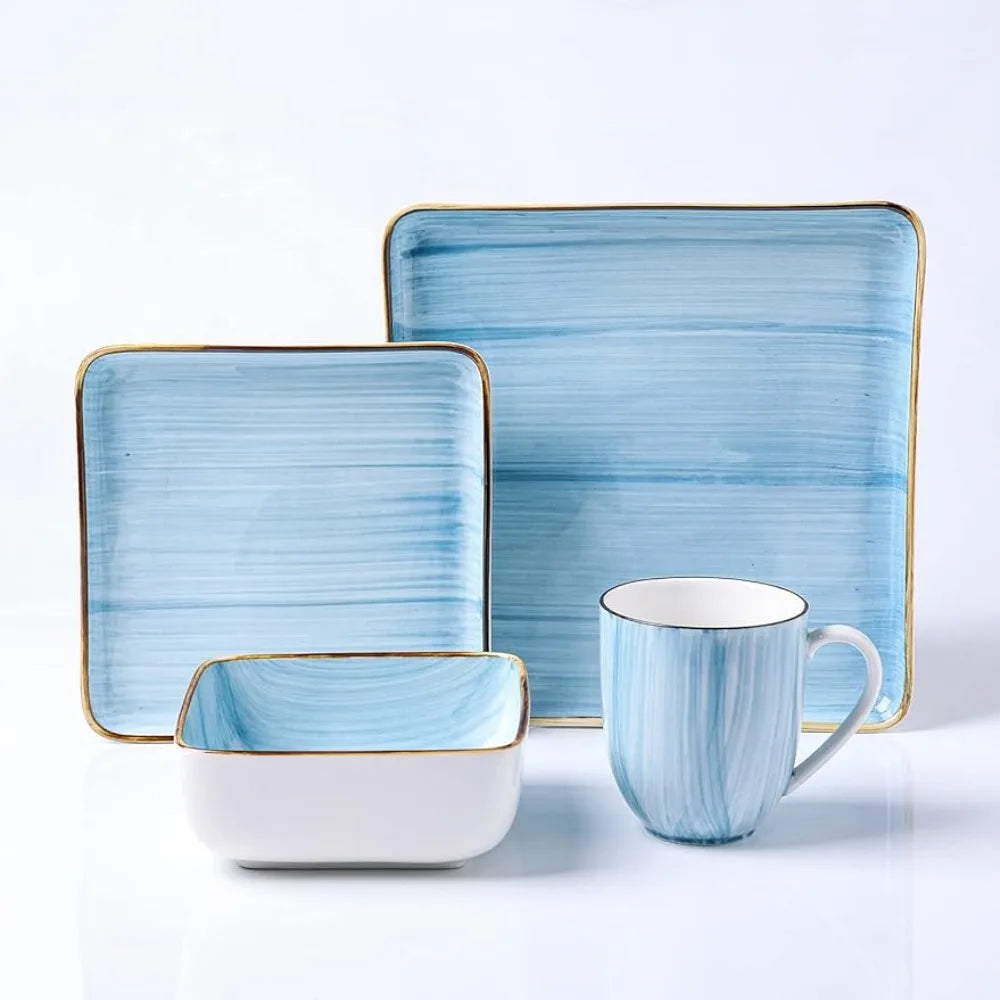 Kitchen Dishes 32 Pieces Square Light Blue Brushed Design