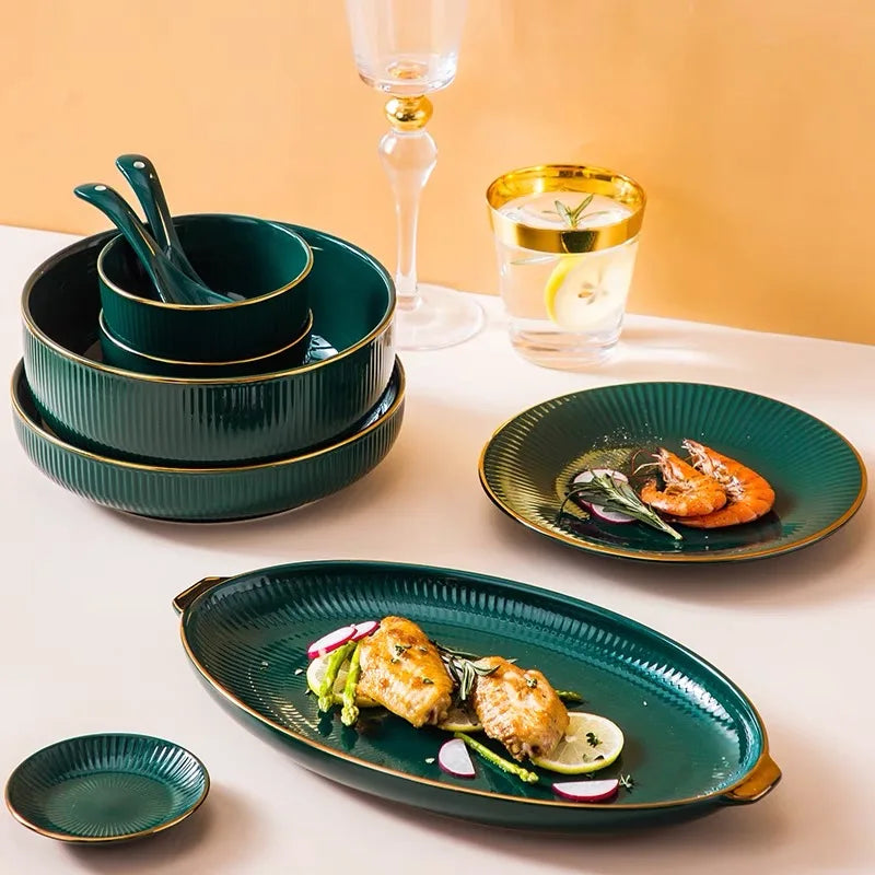 Green Porcelain Dinner Ceramic Dishes Set