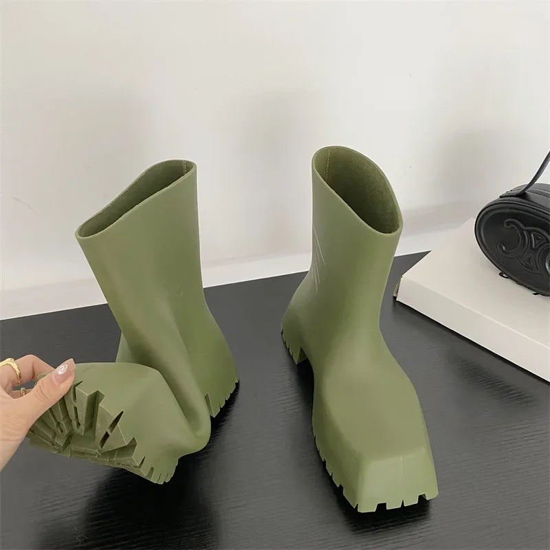 Waterproof Non-slip Short Boot Square Toe Soft Leather