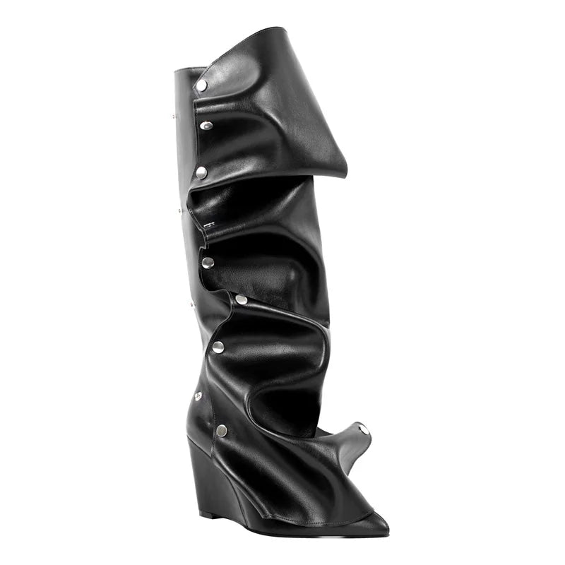 Pleated Pointed Toe Black Wedges Knee High Boots