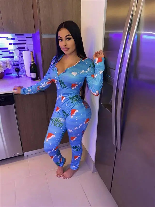 Onesie Fashion Love Heart Print Button Jumpsuit Sexy V-Neck