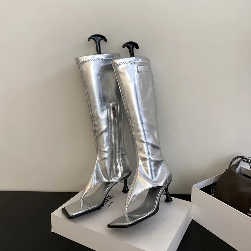 Silver Open Toe Clip-On Knee High Boots