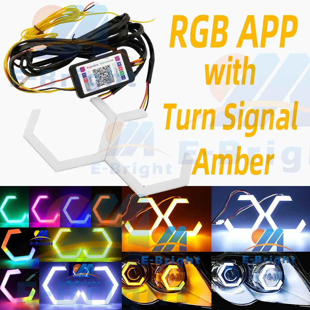 RGB Hexagon Angel Eyes Halo Rings Car Motorcycle Headlight Switchback Turn Signal Light 1set