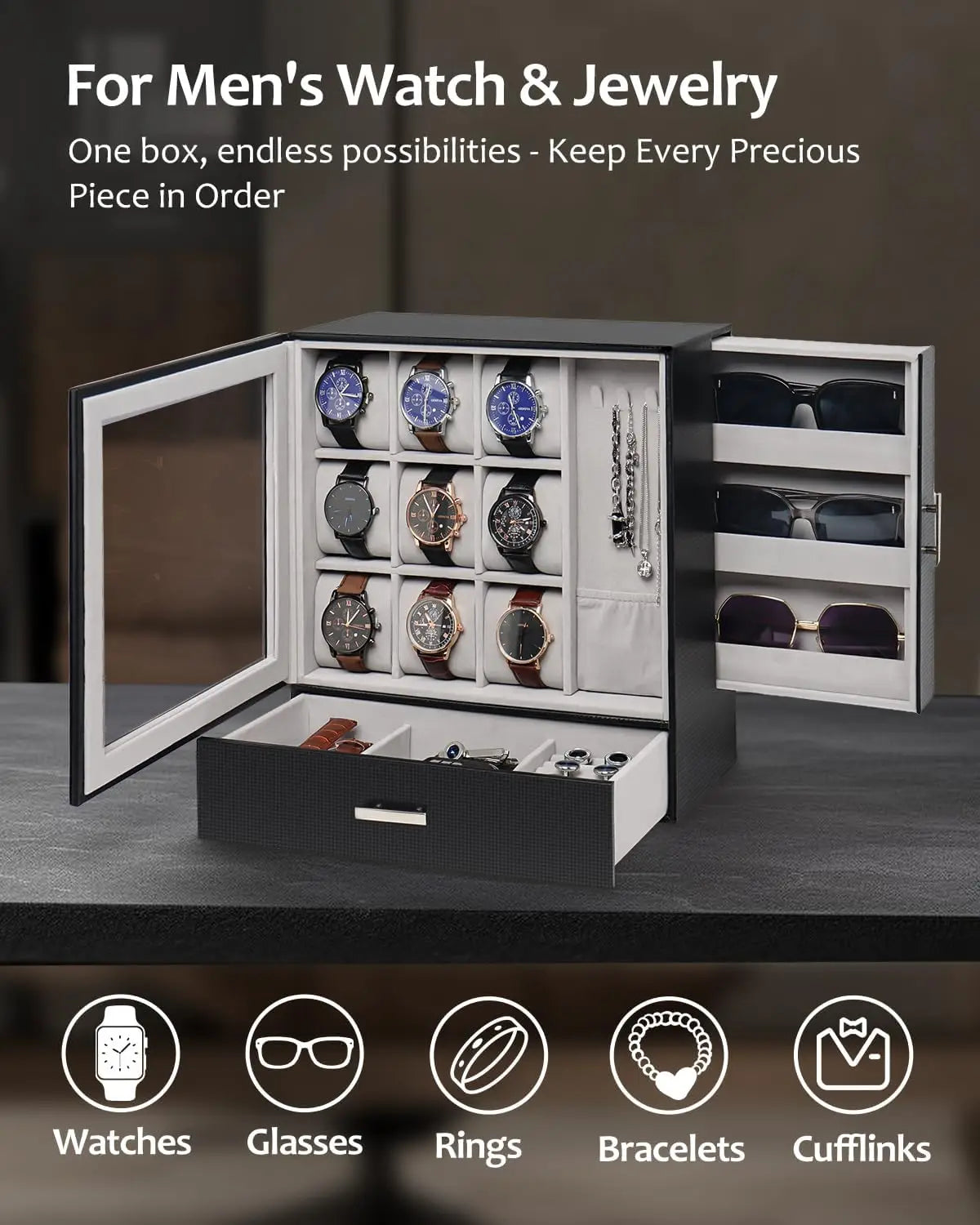 9-Slot Leather Watch Box with Glass Lid and Drawer