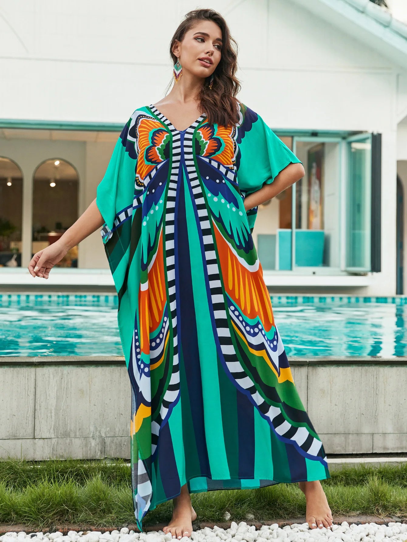 Plus Size Loose Fit Moroccan Print Beach Dress