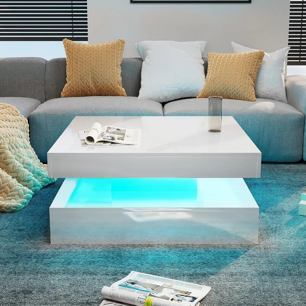 White LED Table for Living Room Wood Square 2-Tier