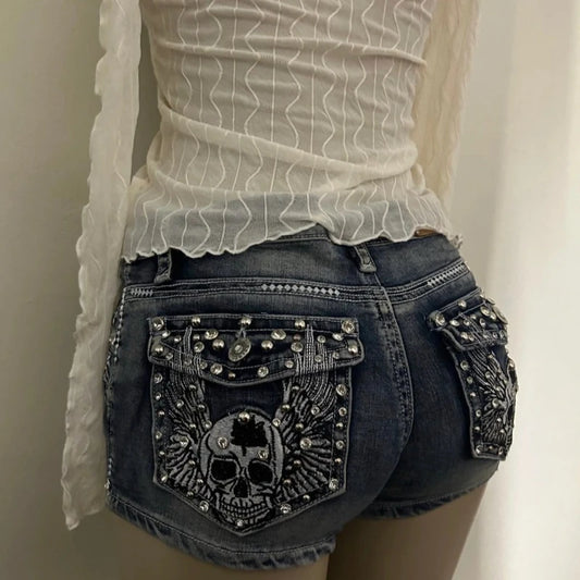 Womens Ultra Short Skull Angel Pattern Cowboy Shorts