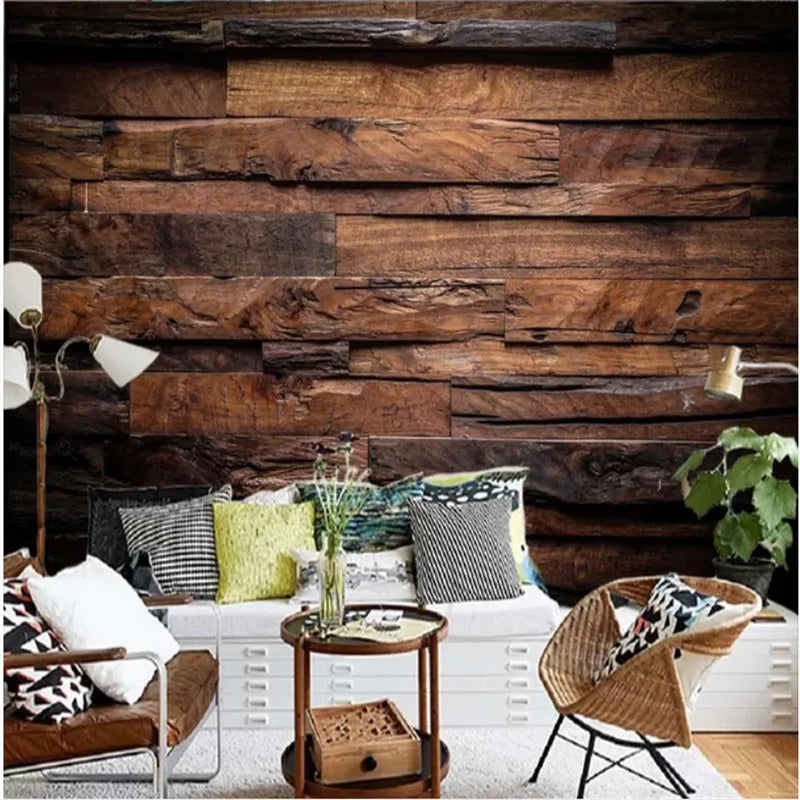 Dark Brown Retro Nostalgic Wood Grain Striped Mural Wallpaper