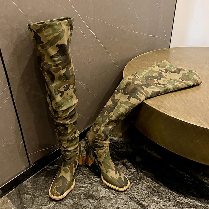 Over Knee High Quality Camo Boots Rounded Head