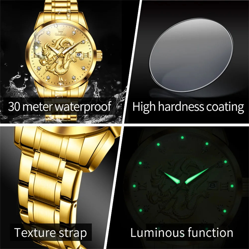 Waterproof Stainless Steel Diamond Dragon Watch