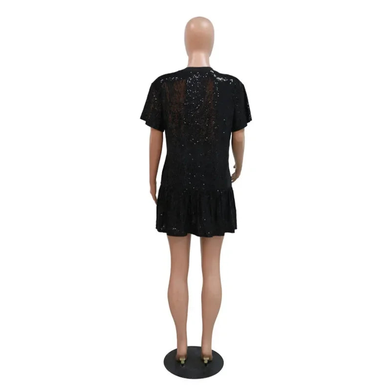 Short Sleeve Letter Sequins Shiny Casual T Shirt Dress