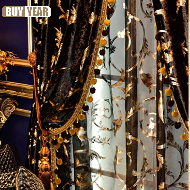 European Luxury Curtains Black Gold Velvet