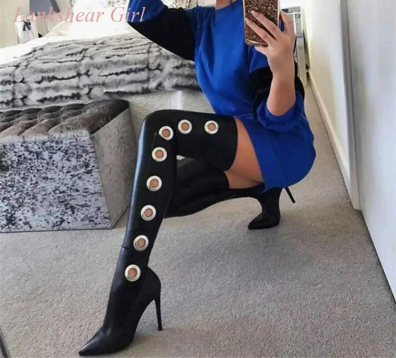 Black Leather Crotch Thigh High Heeled Pointed Toe Boots
