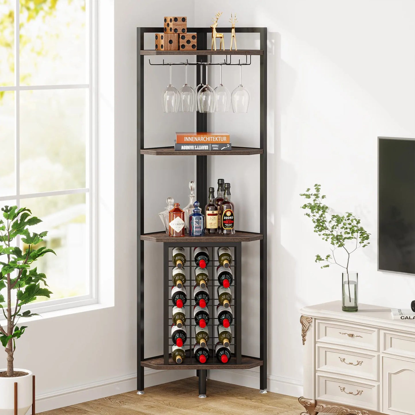Wine Rack Cabinet 4 Tier Corner Shelf with Glass Holder