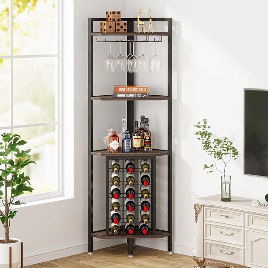Wine Rack Cabinet 4 Tier Corner Shelf with Glass Holder