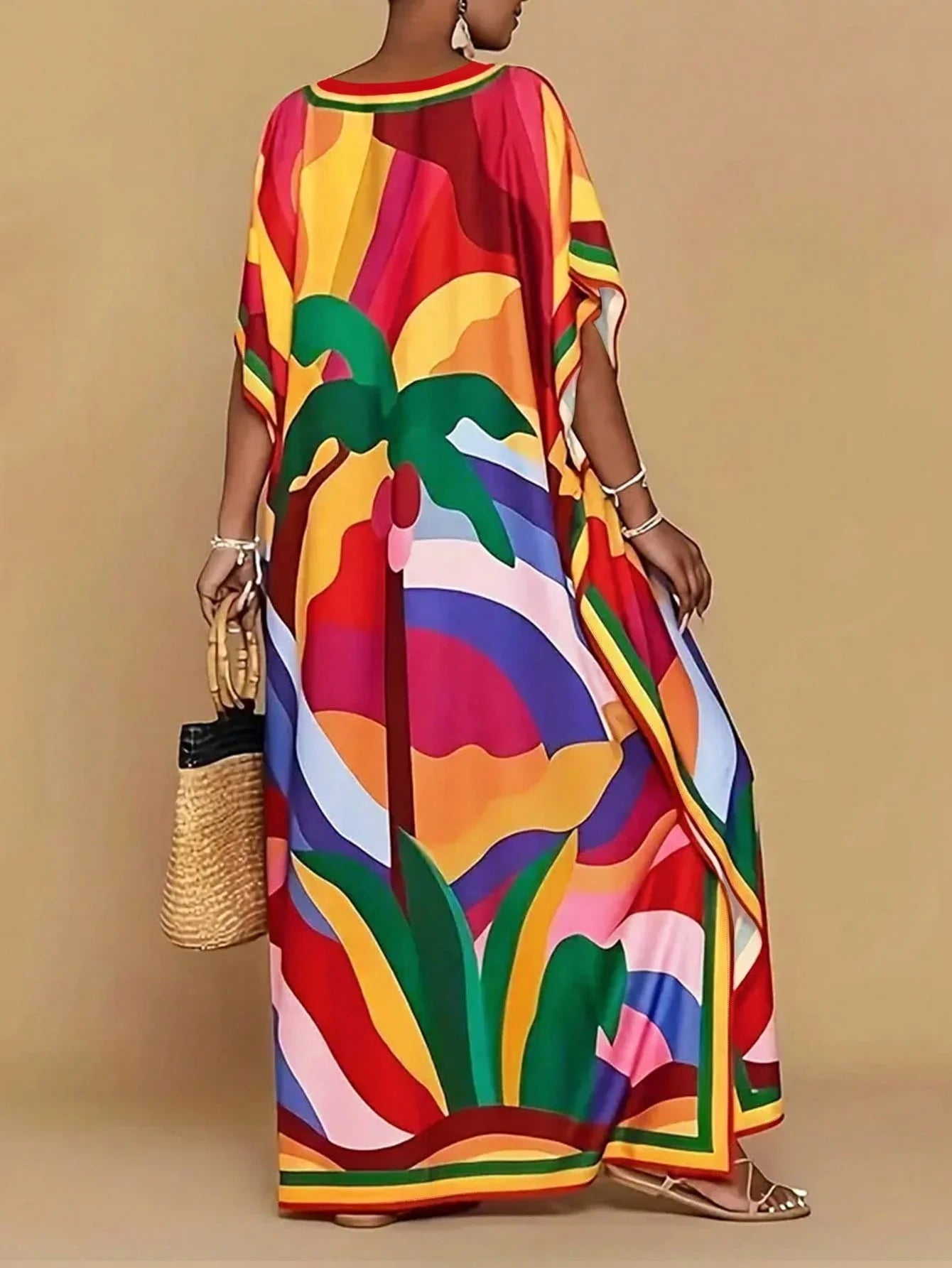 Plus Size Women V-Neck Printed Maxi Dress