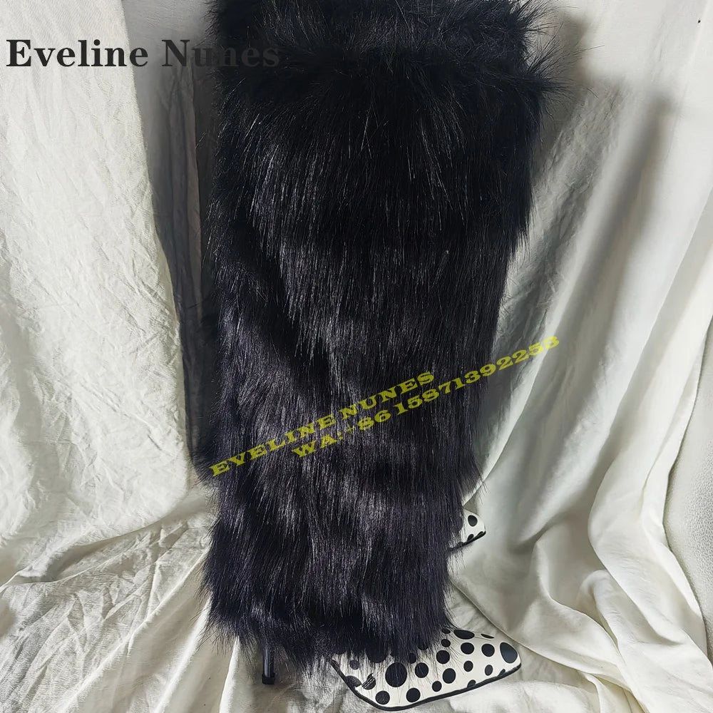 Fur Black Polka Dots Sexy Snow Boots Pointed Toe Thin Heels