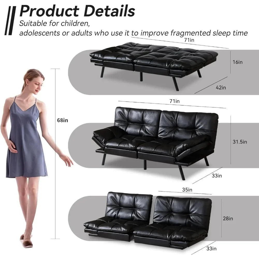 Convertible Futon Sofa Bed Memory Foam Black Leather