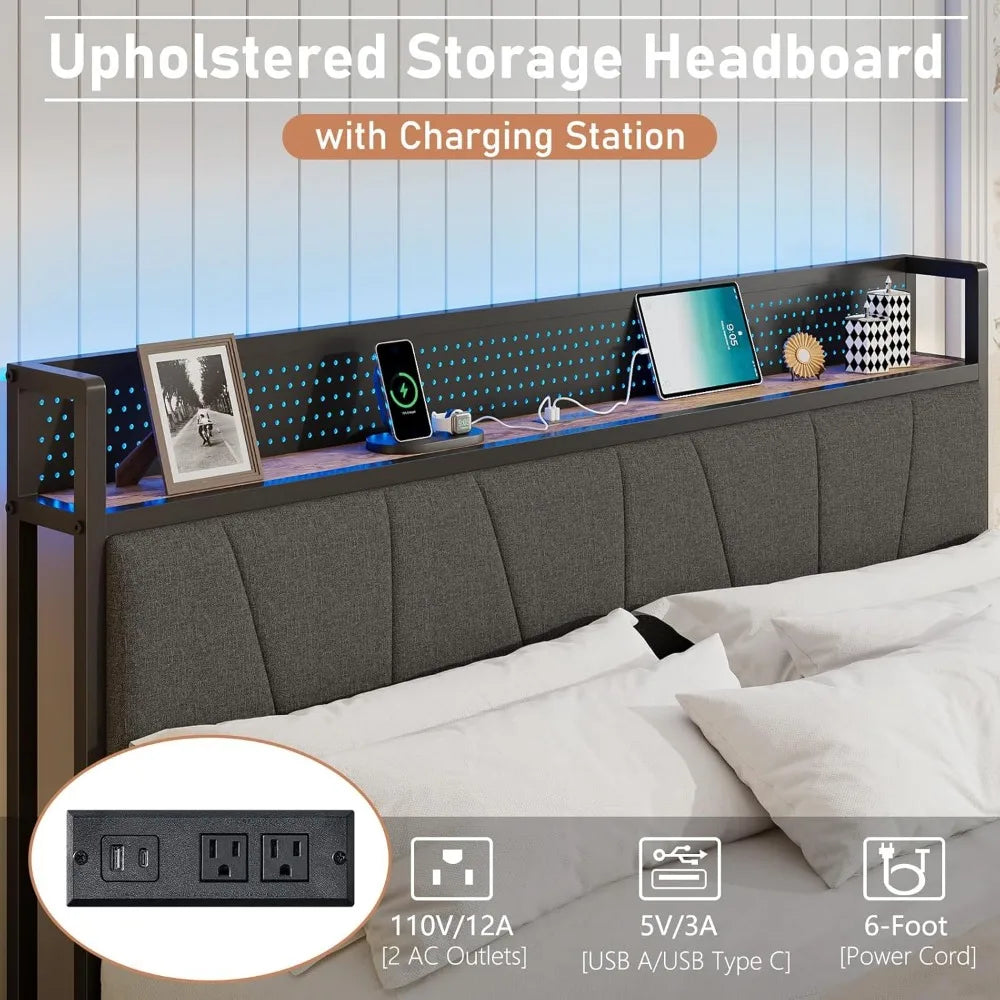Queen Size Lift Up Storage Bed Frame RGBW LED Light